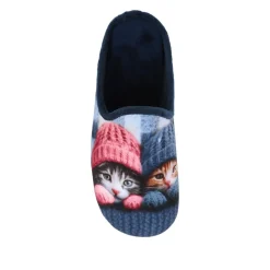 Lightweight Velour Kitten Slippers - Navy