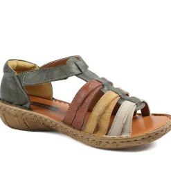Loretta Leather Touch Fasten Sandals - Khaki Multi
