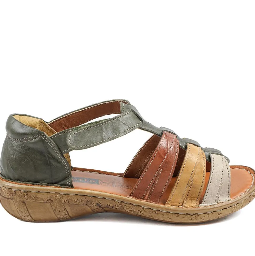 Loretta Leather Touch Fasten Sandals - Khaki Multi