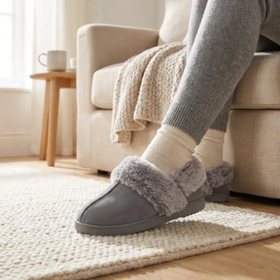 Luxury Velour Cushioned Slippers - Grey