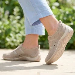Memory Foam Leather Slip On Trainers - Taupe