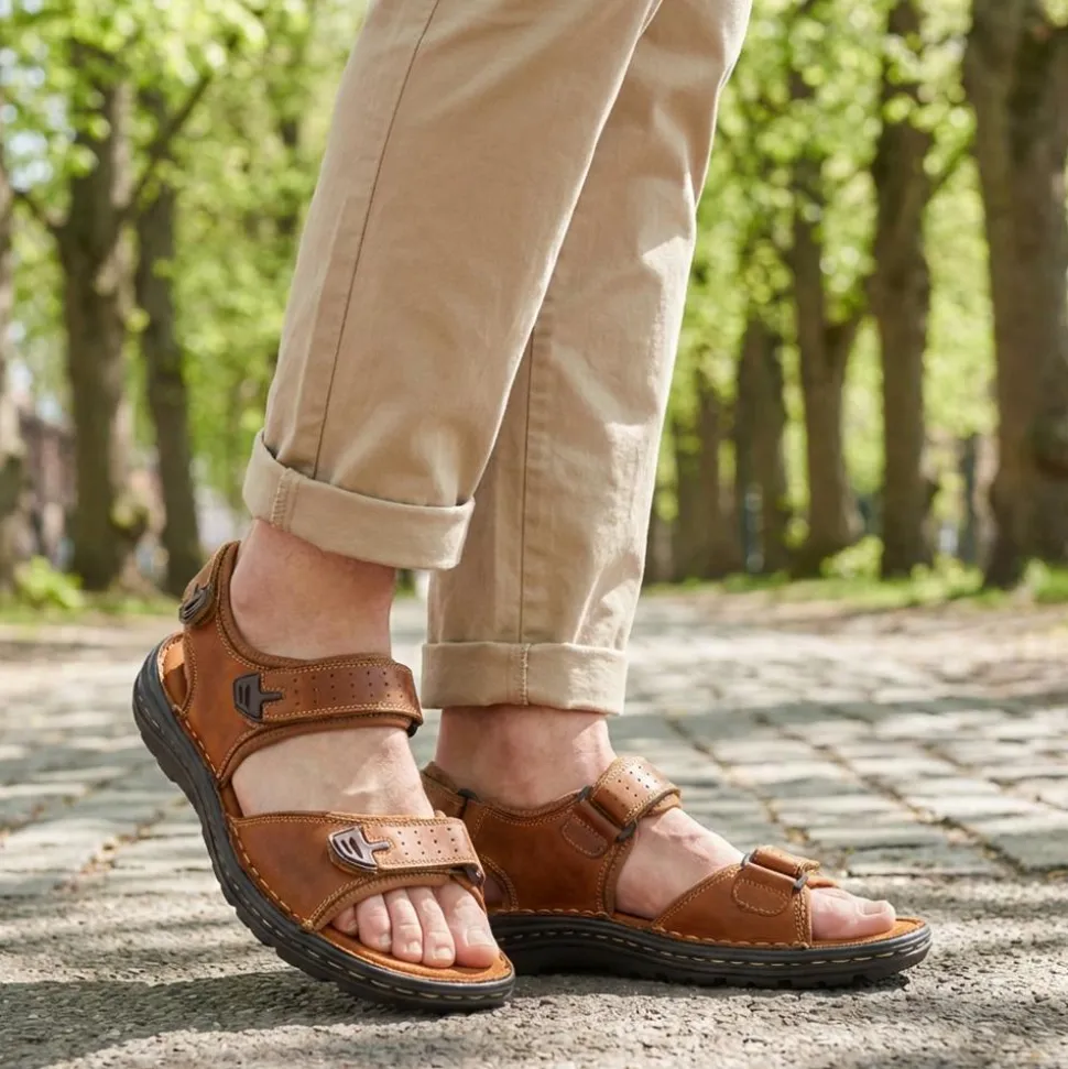 Men's Leather Adjustable Sandals - Tan