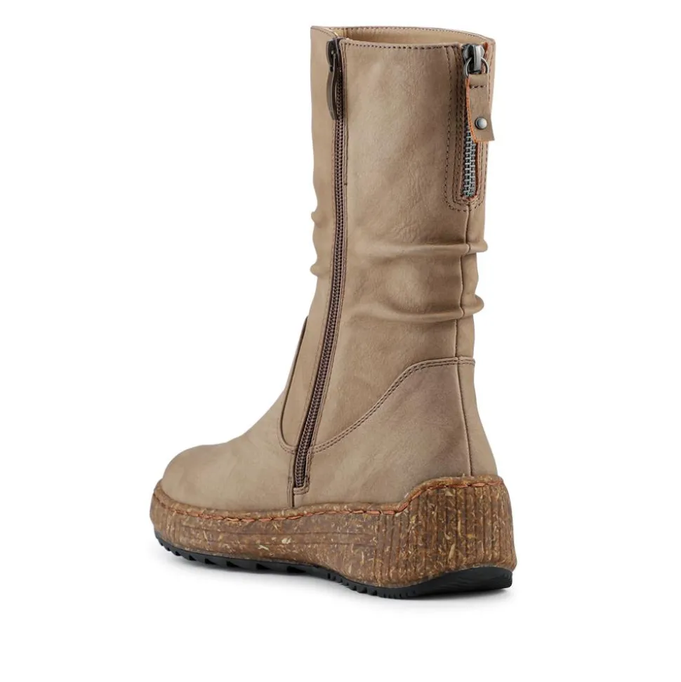 Mid Calf Wedged Slouch Boots - Beige