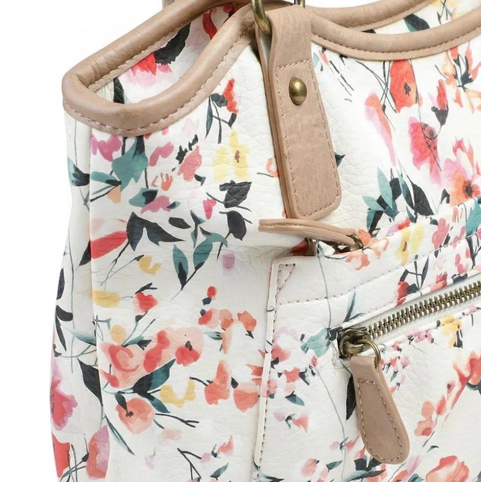 Multi Zip Floral Shoulder Bag - BEIGE FLORAL
