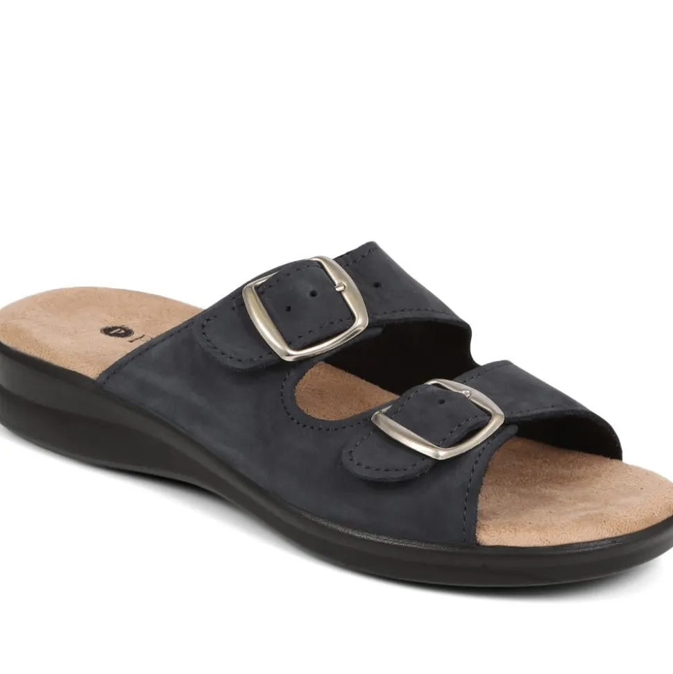 Nubuck Leather Dual Strap Sandals - Navy