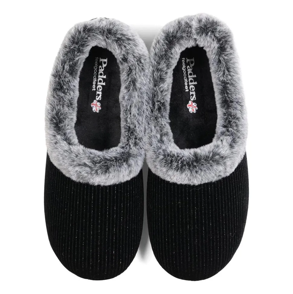 Padders Ladies Dual Fit Slippers 2E/3E - BLACK SPARKLE CORD