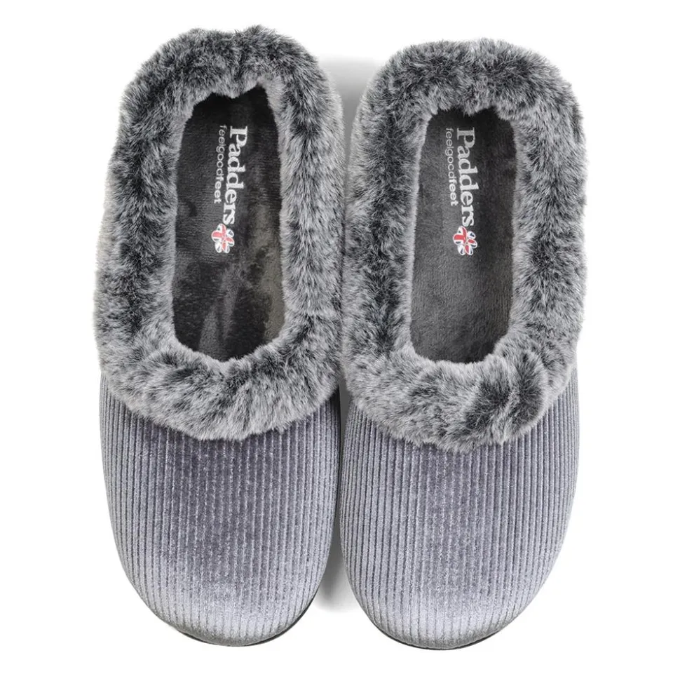 Padders Ladies Dual Fit Slippers 2E/3E - Grey Sparkle Cord