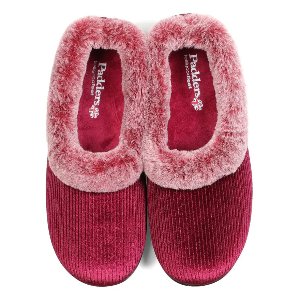 Padders Ladies Dual Fit Slippers 2E/3E - Winter Red Sparkle Cord