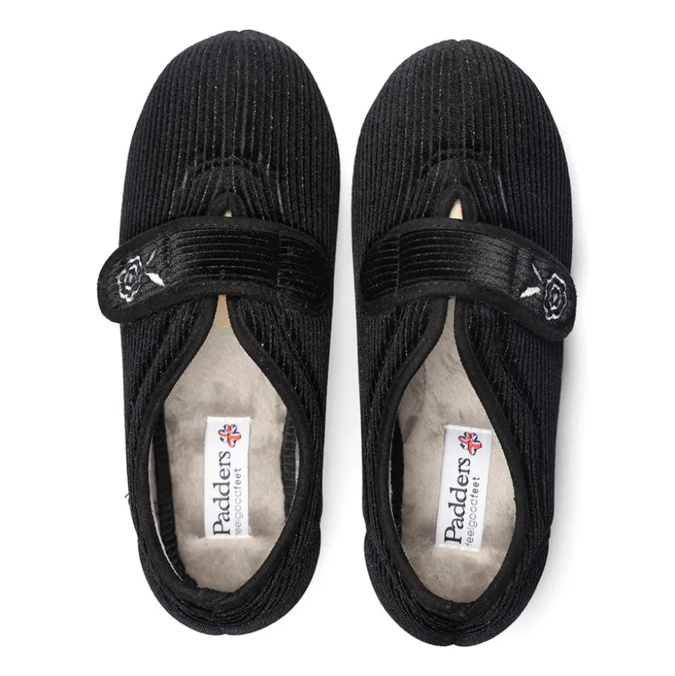 Padders Ladies Slippers 2E Fit Vulcanised - BLACK SPARKLE CORD