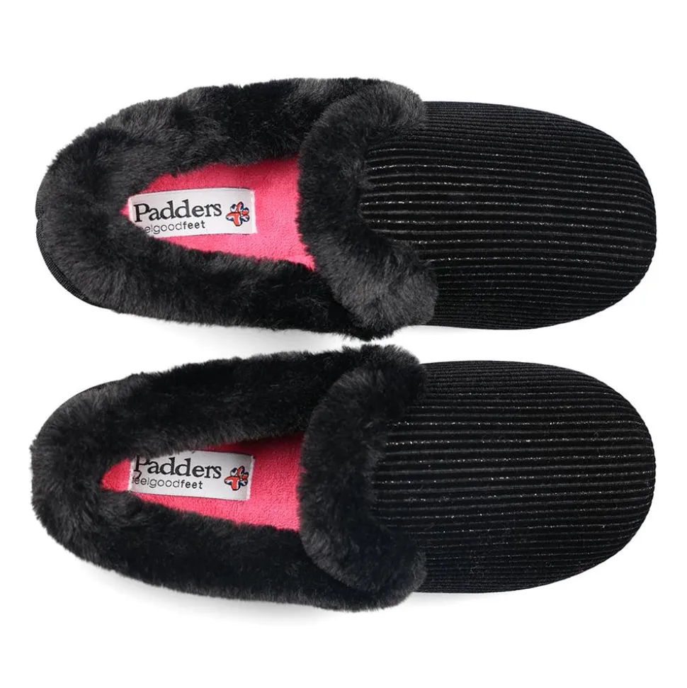 Padders Ladies Slippers 2E Fit Vulcanised - BLACK SPARKLE CORD