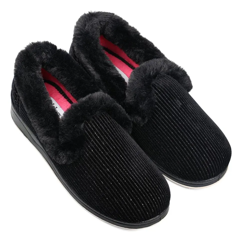 Padders Ladies Slippers 2E Fit Vulcanised - BLACK SPARKLE CORD