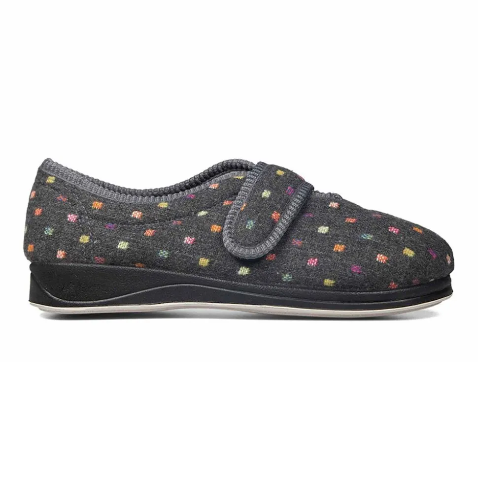 Padders Ladies Slippers 2E Fit Vulcanised - CHARCOAL WOVEN SPOT