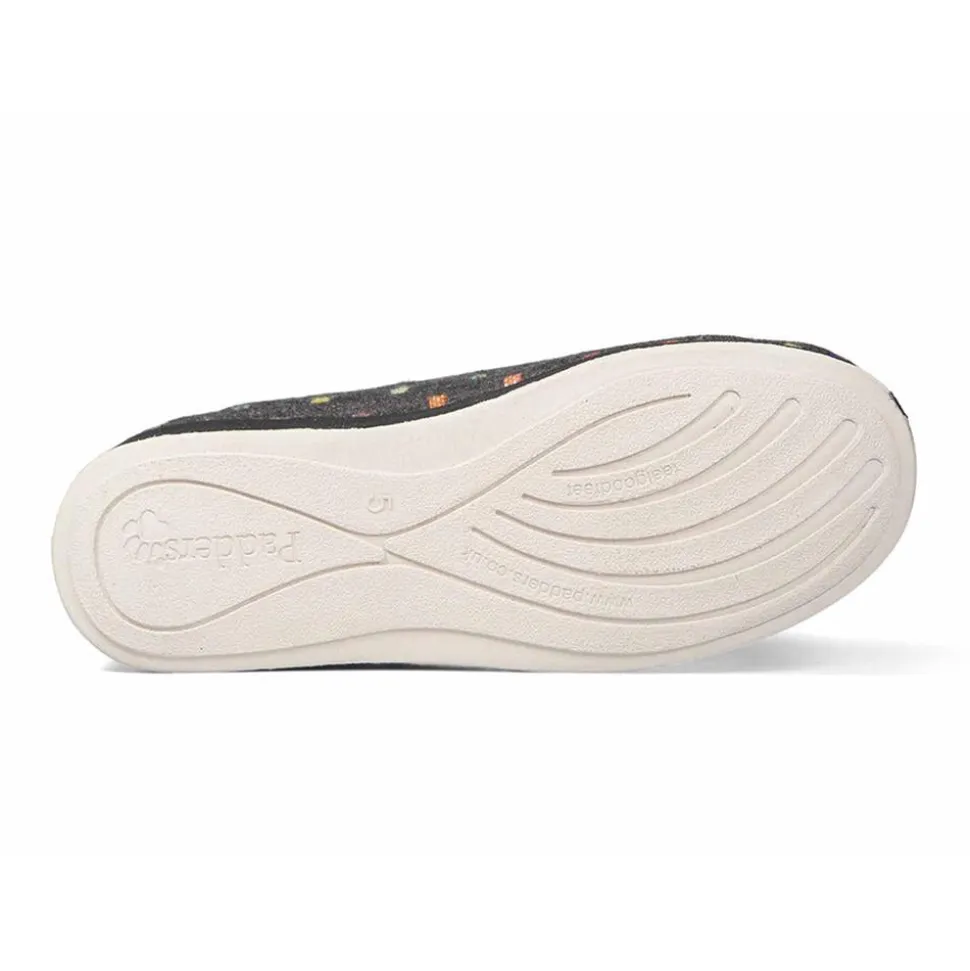 Padders Ladies Slippers 2E Fit Vulcanised - CHARCOAL WOVEN SPOT