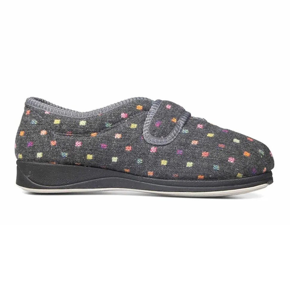Padders Ladies Slippers 2E Fit Vulcanised - CHARCOAL WOVEN SPOT