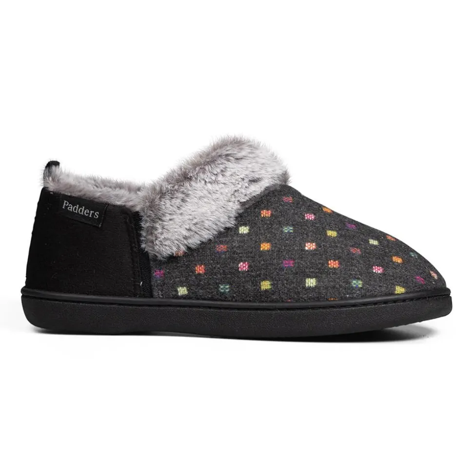 Padders Ladies Slippers 2E Side Stitched Washable - CHARCOAL WOVEN SPOT
