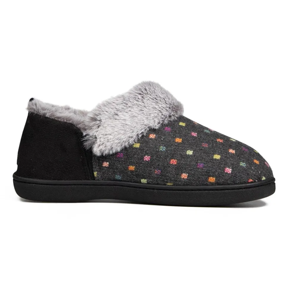 Padders Ladies Slippers 2E Side Stitched Washable - CHARCOAL WOVEN SPOT