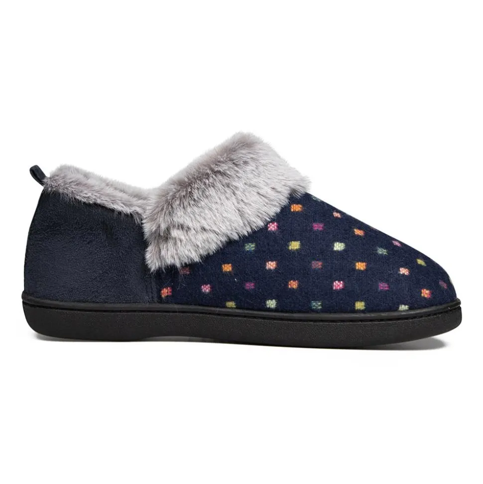 Padders Ladies Slippers 2E Side Stitched Washable - Navy Woven Spot