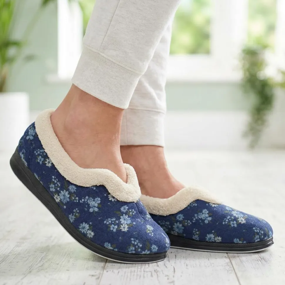Padders Wide Fit Memory Foam Slippers - Navy