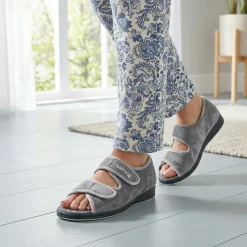 Padders Wide Fit Touch Fasten Slippers - Grey