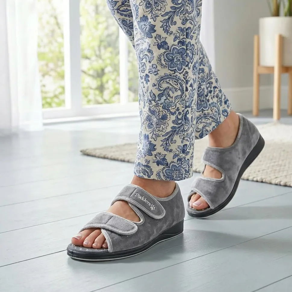 Padders Wide Fit Touch Fasten Slippers - Grey
