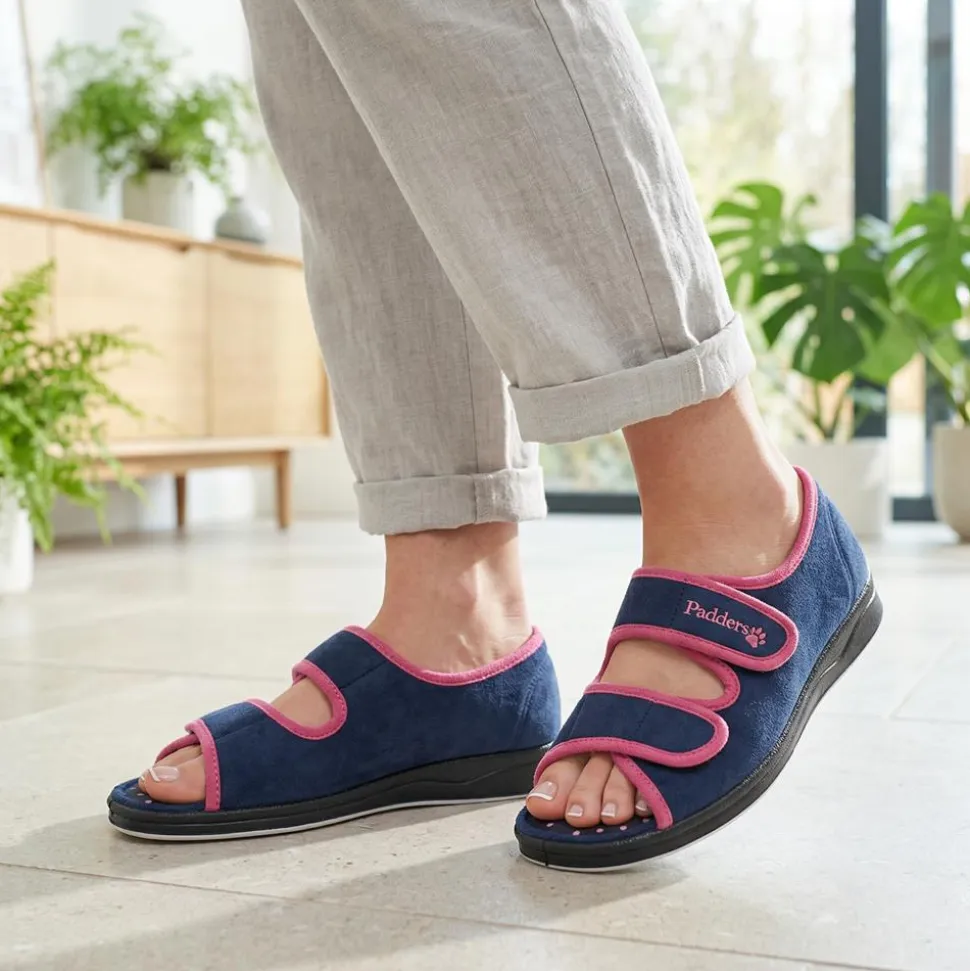 Padders Wide Fit Touch Fasten Slippers - Navy