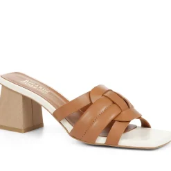 Pamela-02 Leather Block Heeled Mules - Camel