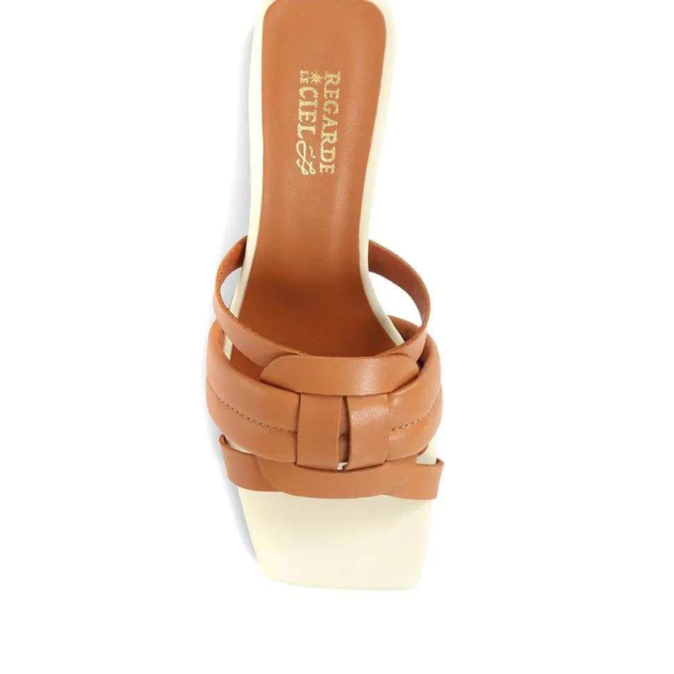 Pamela-02 Leather Block Heeled Mules - Camel