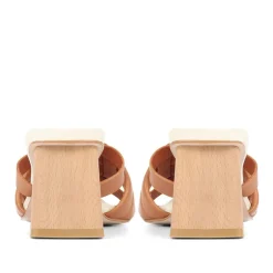 Pamela-02 Leather Block Heeled Mules - Camel