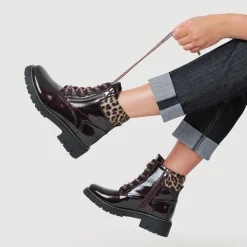 Patent Zip & Lace Up Ankle Boots - Burgundy