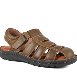 Premium Leather Touch Fastening Sandals - Brown