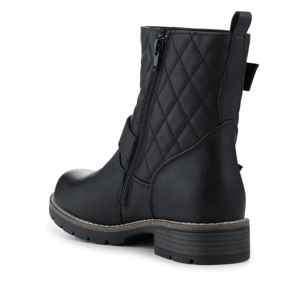 Quilted Dual Buckle Ankle Boots - Black