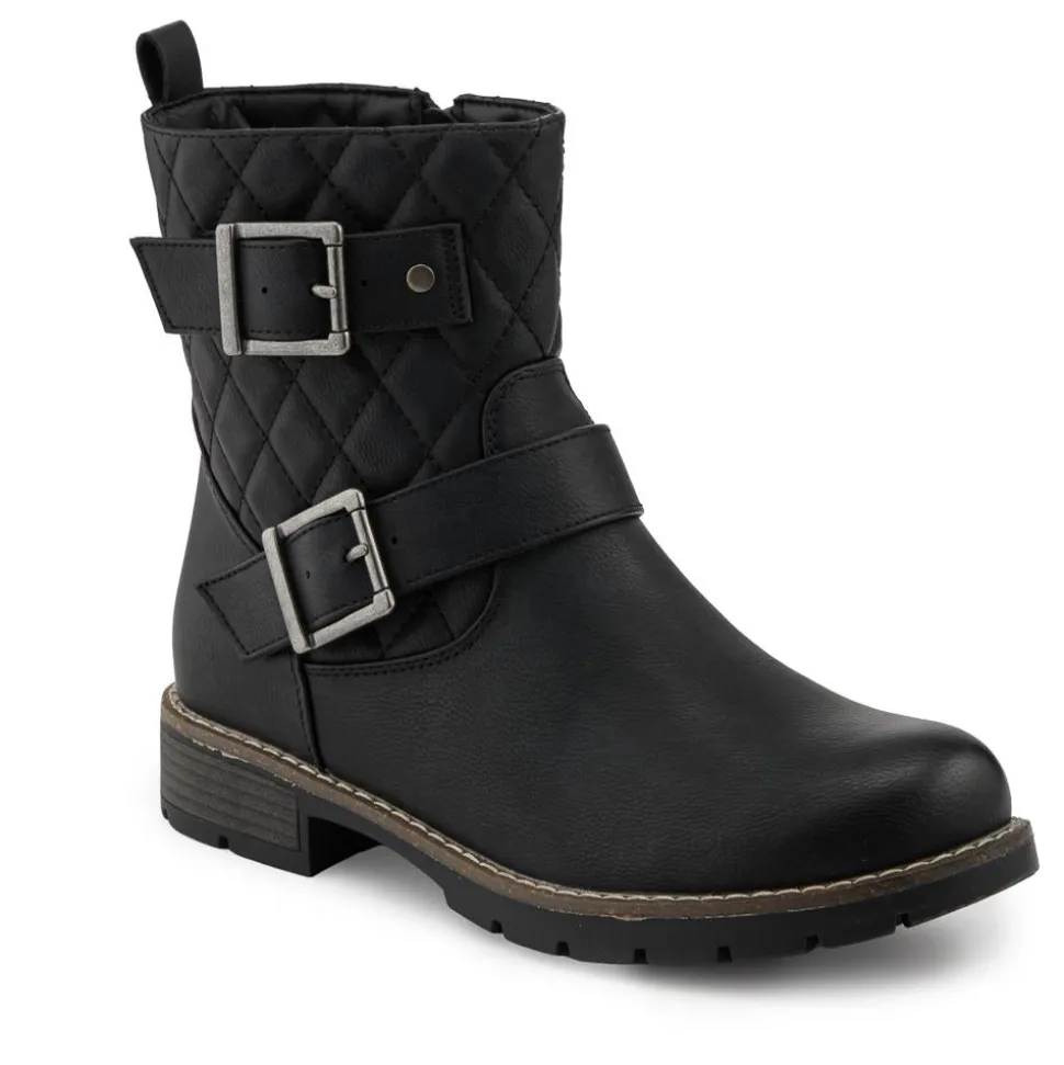 Quilted Dual Buckle Ankle Boots - Black