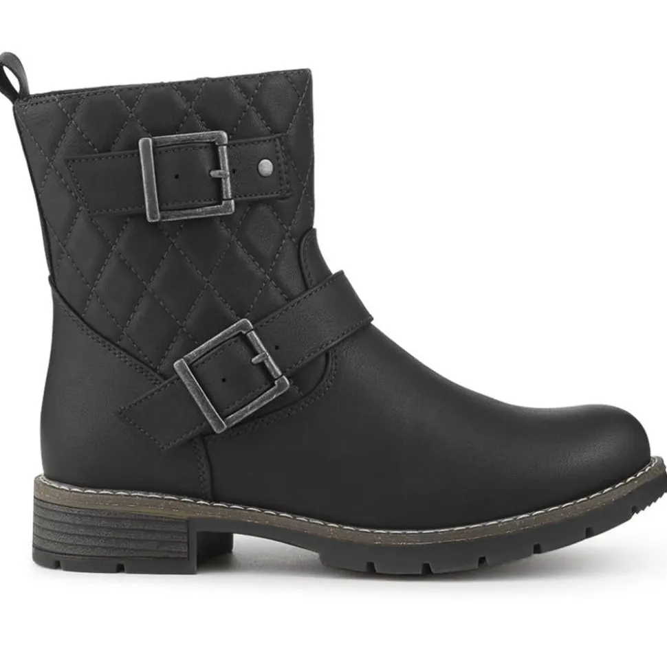 Quilted Dual Buckle Ankle Boots - Black