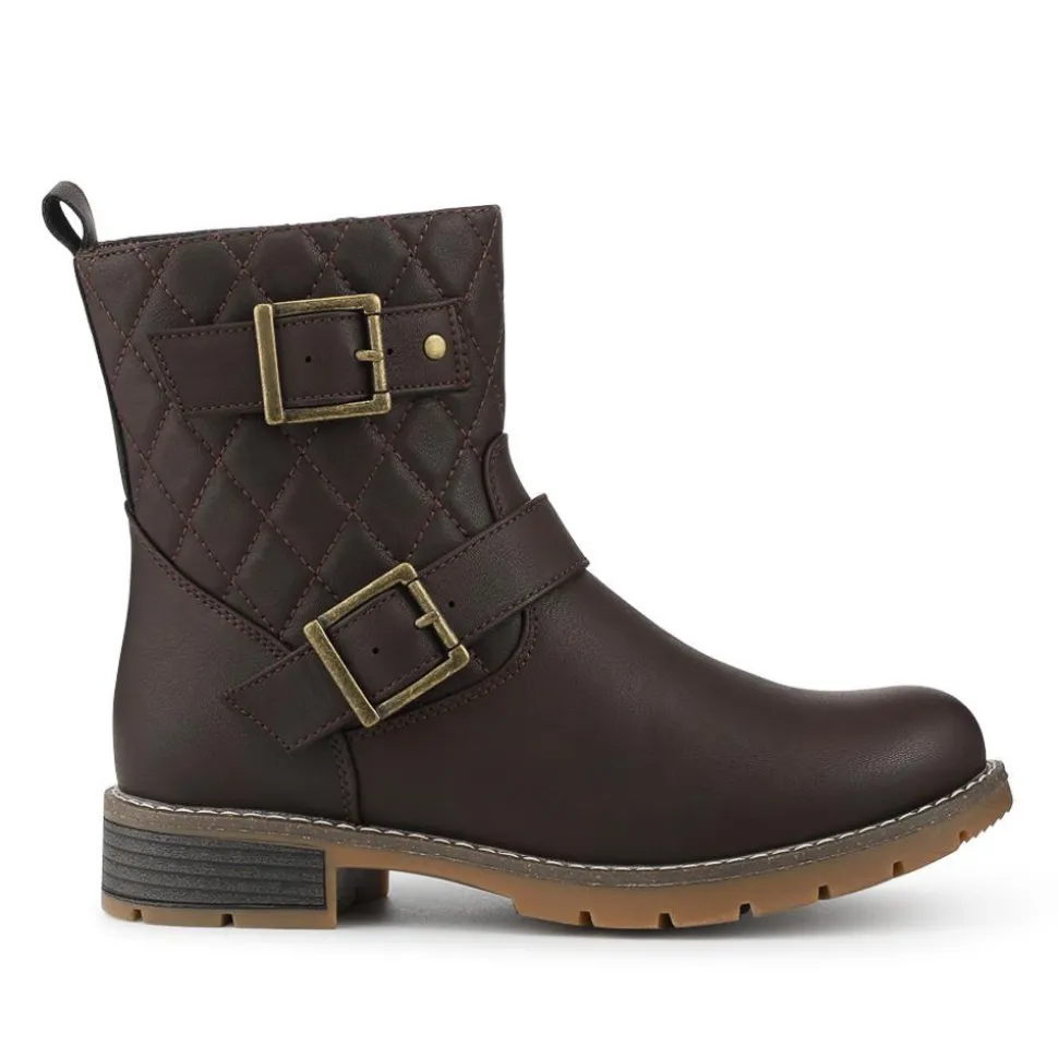 Quilted Dual Buckle Ankle Boots - Brown
