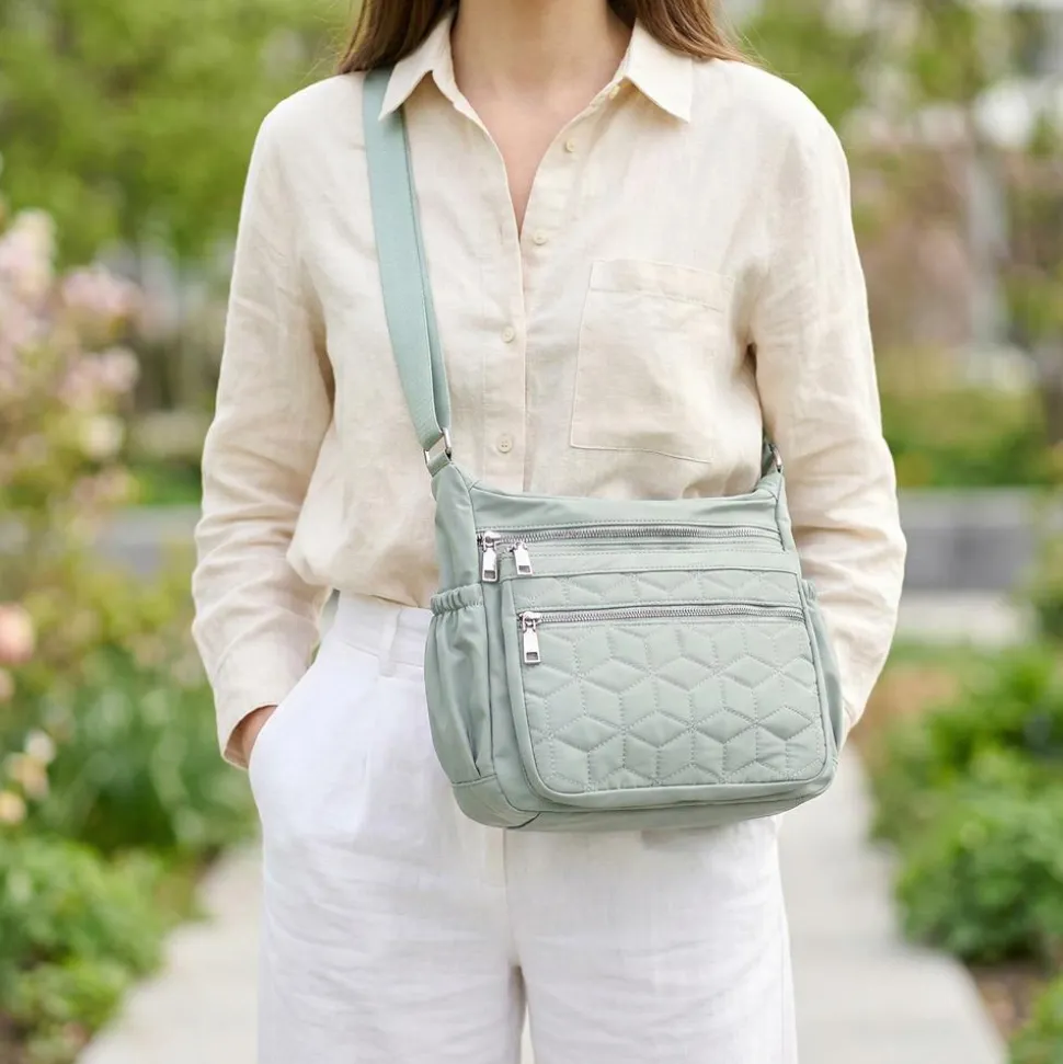 Quilted Multi Zip Crossbody Bag - Sage