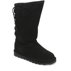 Rear-Laced Sheepskin Leather Boots - Black