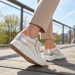 Remonte Cushioned Leather Zip & Lace Trainers - Cream Multi