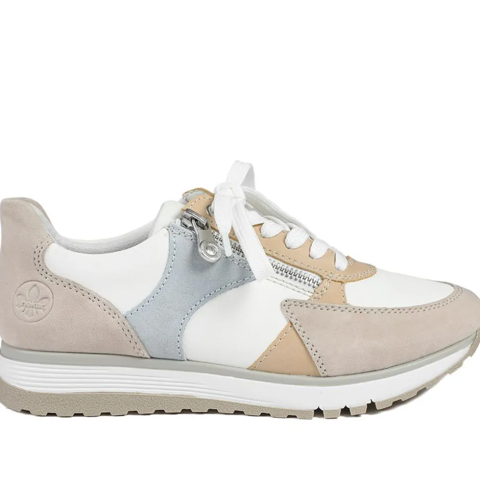 Rieker Wide Fit Leather Zip & Lace Trainers - White Multi