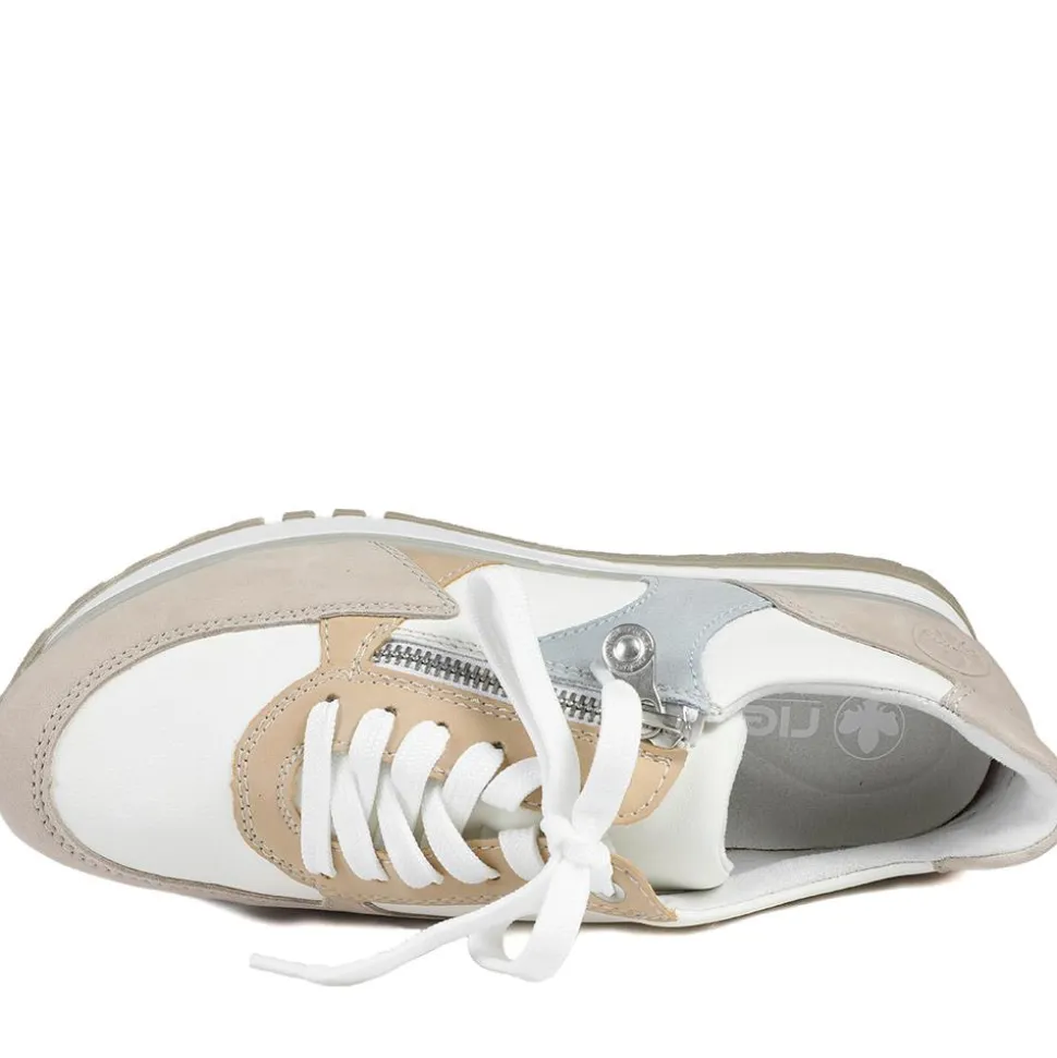 Rieker Wide Fit Leather Zip & Lace Trainers - White Multi