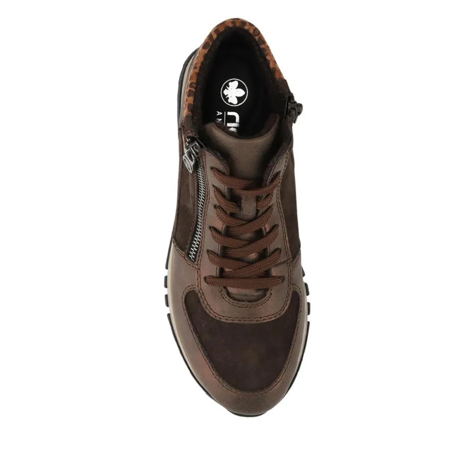 Rieker Wide Fit Leather Zip Up Trainers - Brown Multi