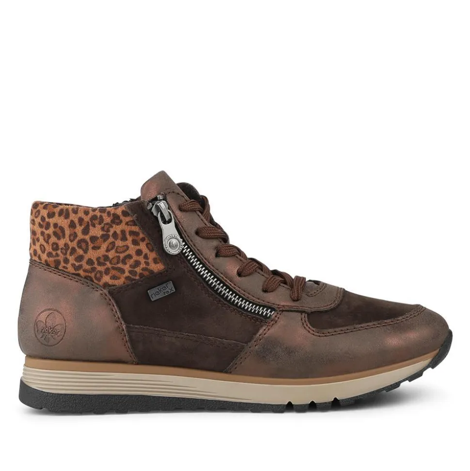 Rieker Wide Fit Leather Zip Up Trainers - Brown Multi