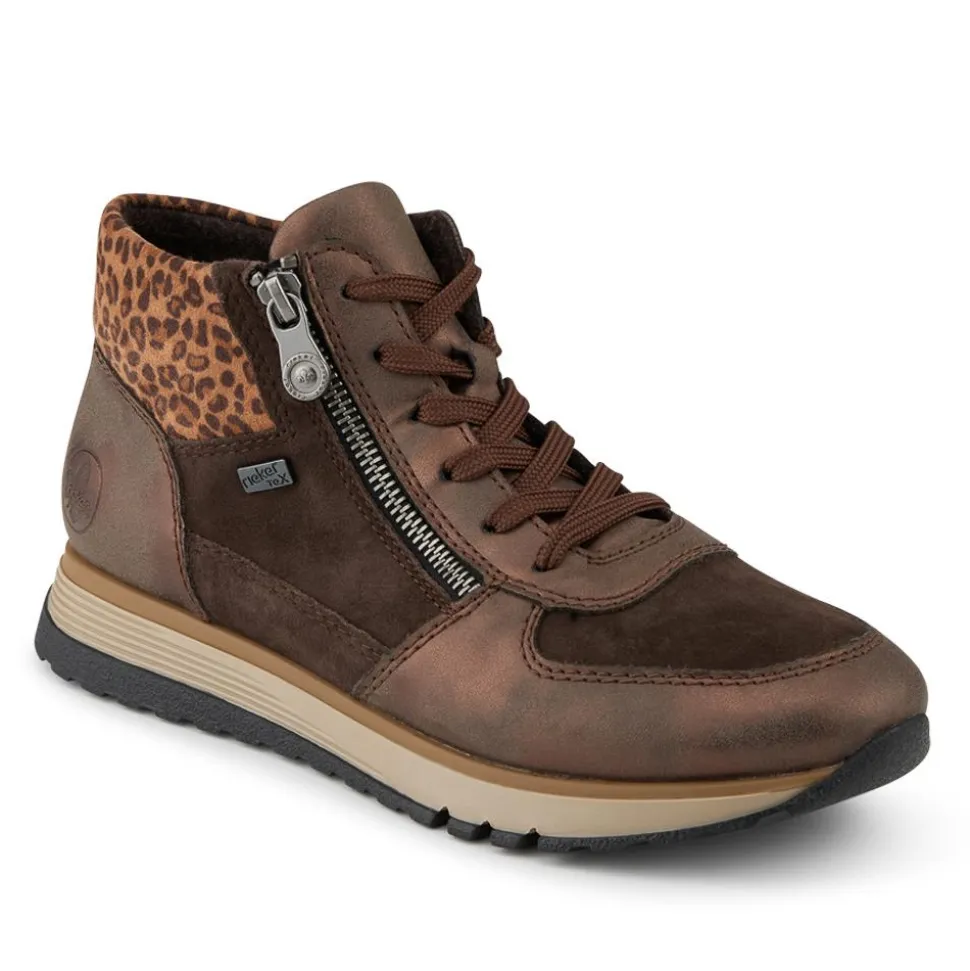 Rieker Wide Fit Leather Zip Up Trainers - Brown Multi