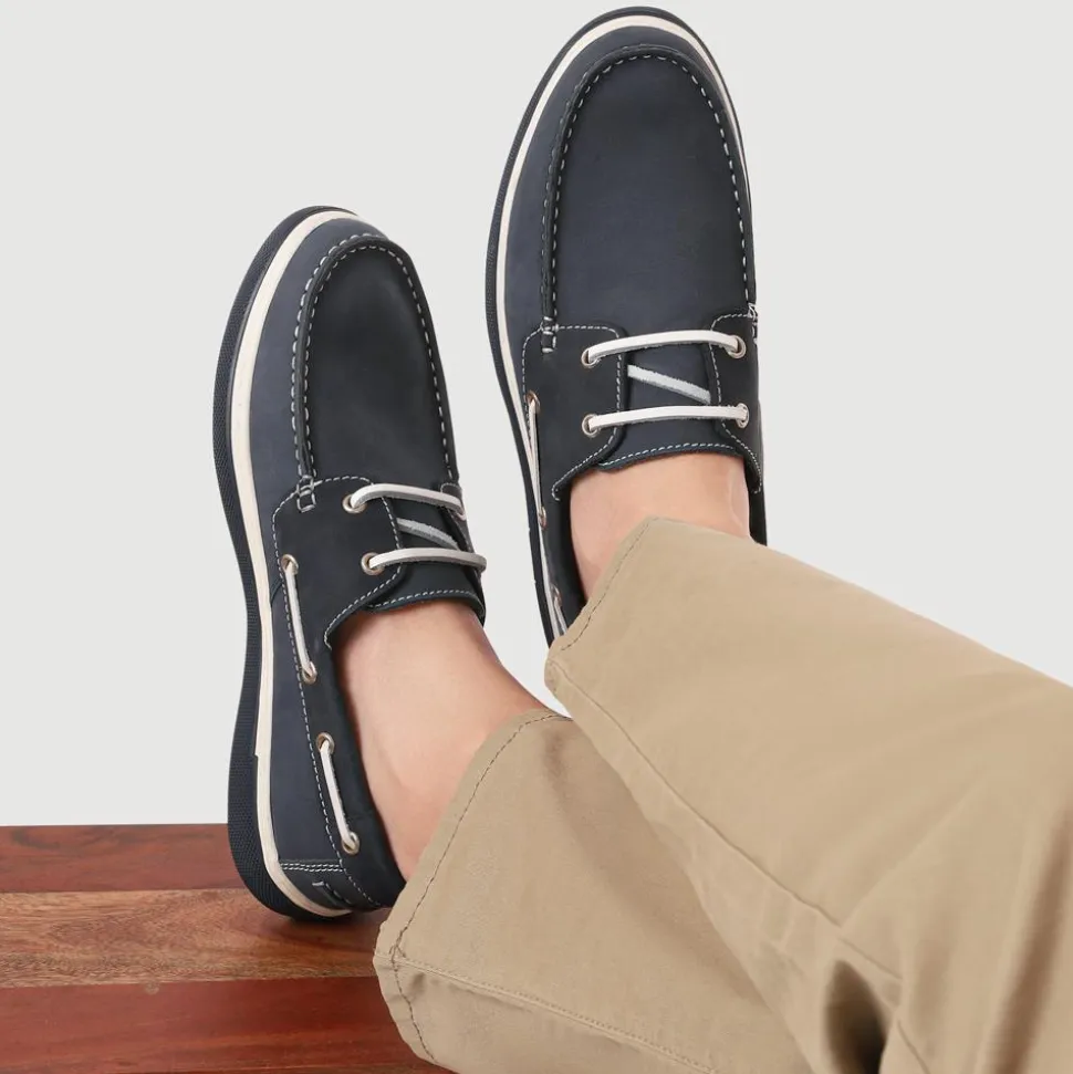 Rubber Soled Leather Boat Shoes - Navy
