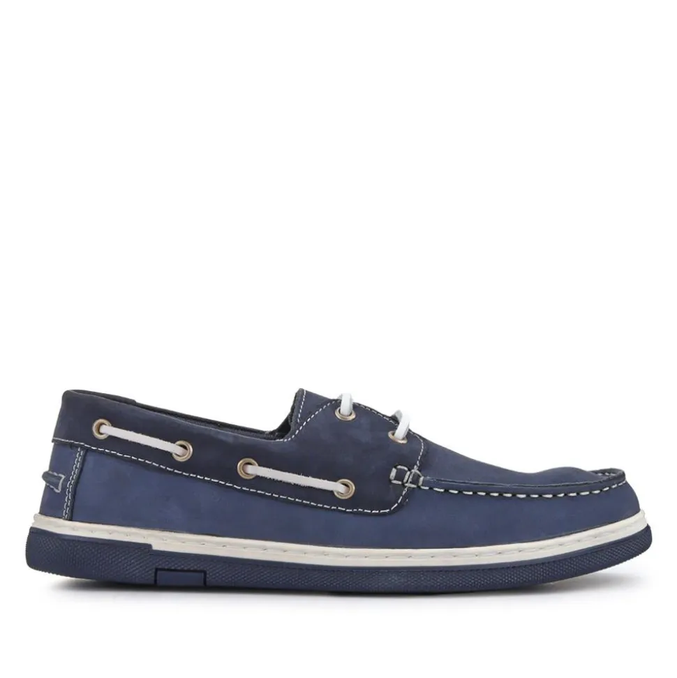 Rubber Soled Leather Boat Shoes - Navy