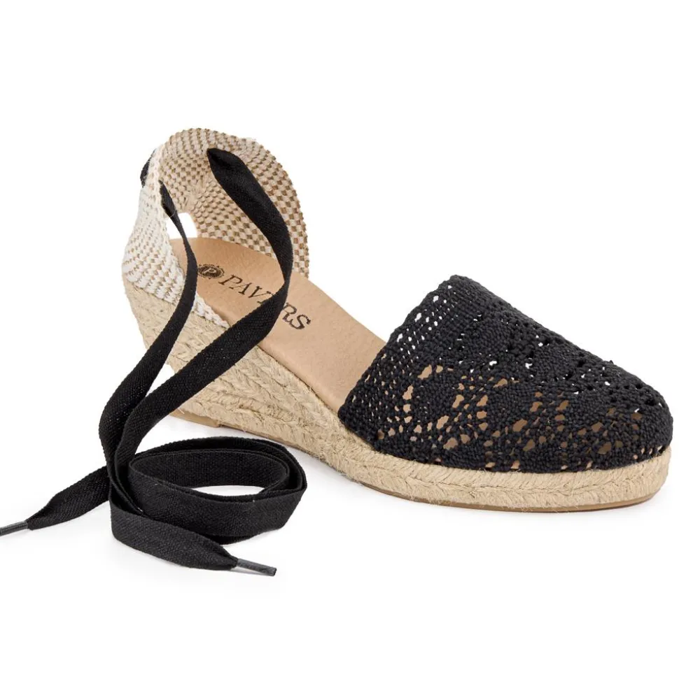 Single Lace Wedge Sandals - Black