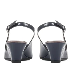 Slingback Peep-Toe Wedge Heels - Navy Patent