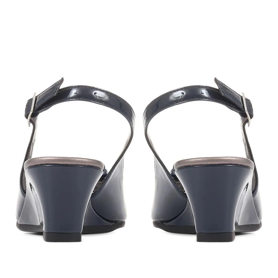Slingback Peep-Toe Wedge Heels - Navy Patent