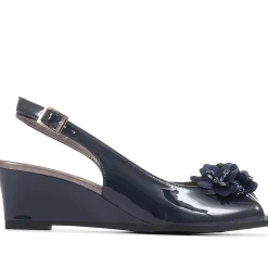 Slingback Peep-Toe Wedge Heels - Navy Patent