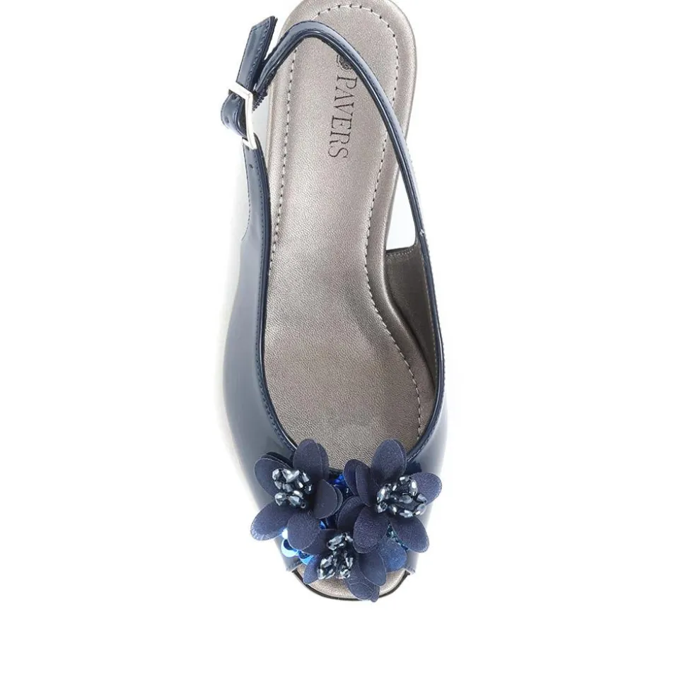 Slingback Peep-Toe Wedge Heels - Navy Patent
