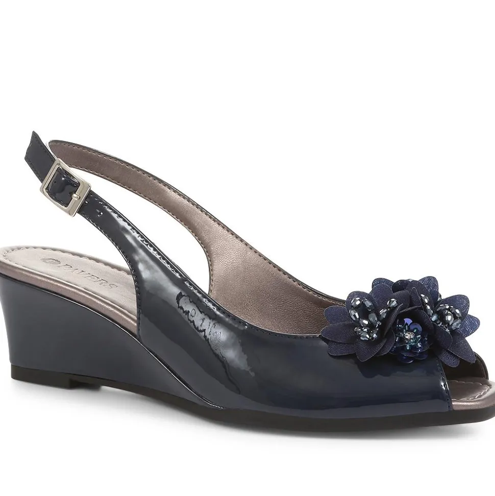 Slingback Peep-Toe Wedge Heels - Navy Patent